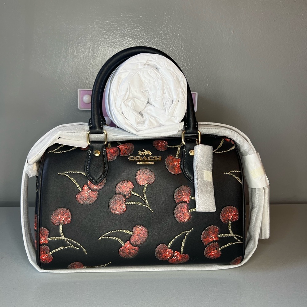 Coach Rowan Satchel Bag in Leather with Cherry Print Black Multi